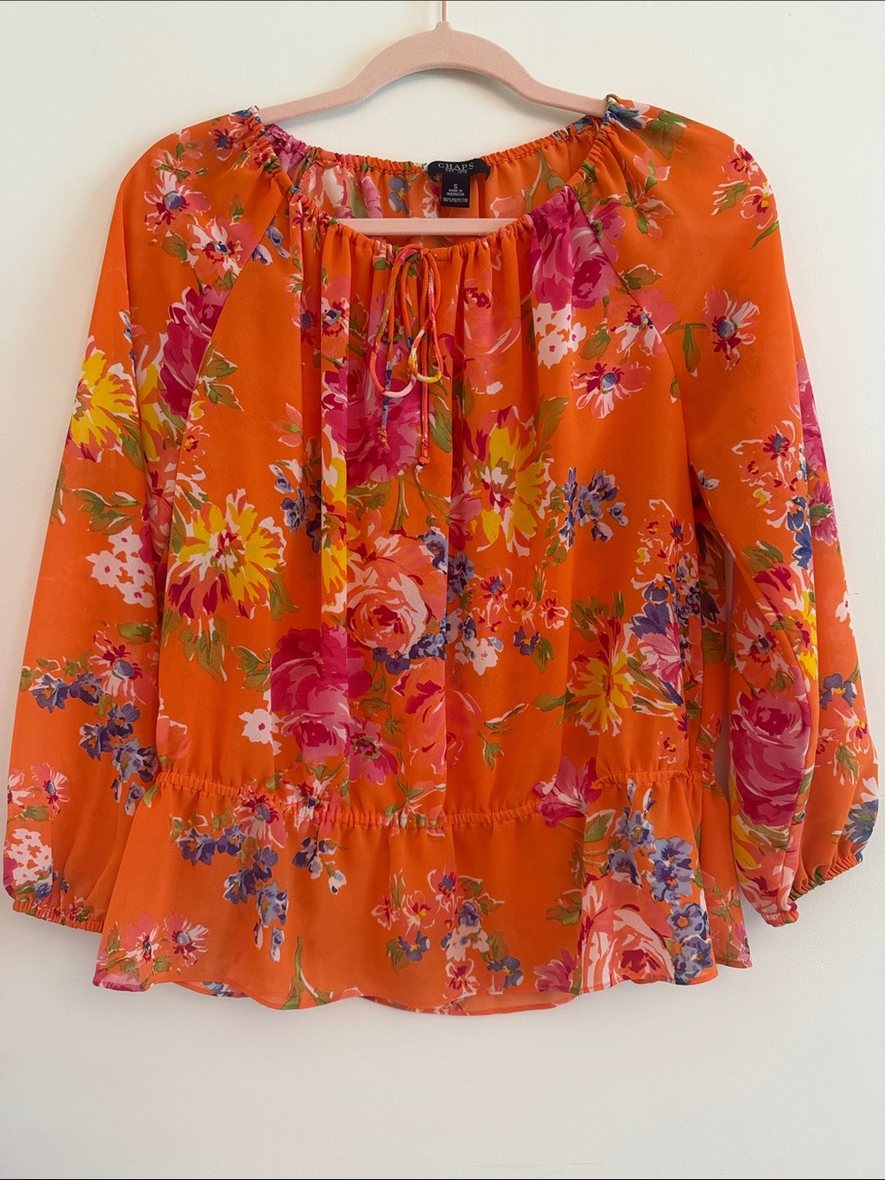 Chaps Orange Floral Peasant Blouse with Pink & Yellow Blooms